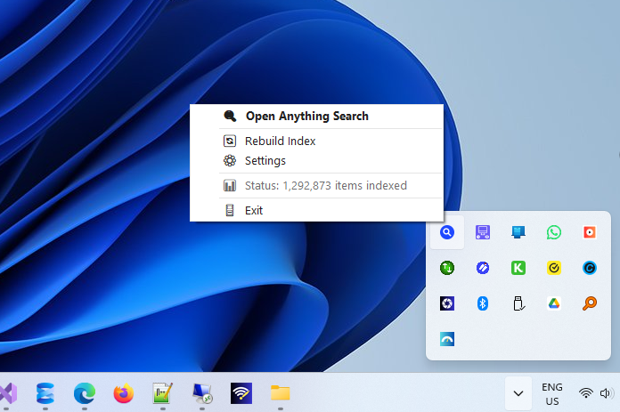 System tray menu showing quick actions